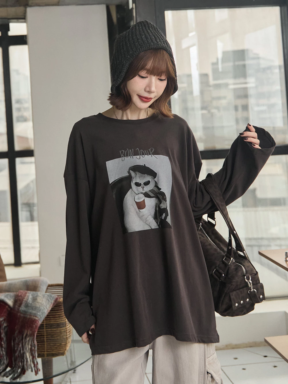 Bonjour小貓印圖長袖上衣