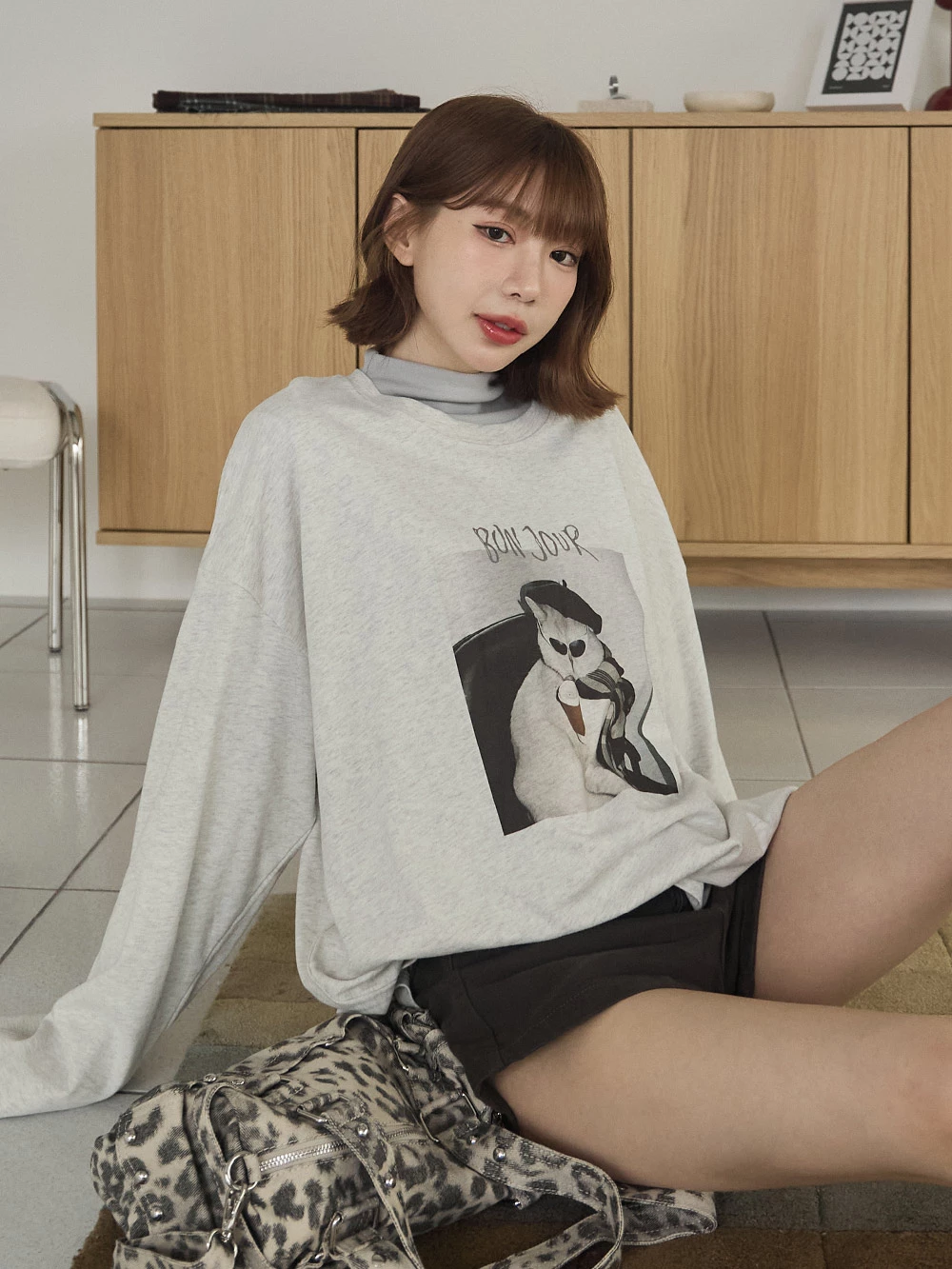 Bonjour小貓印圖長袖上衣