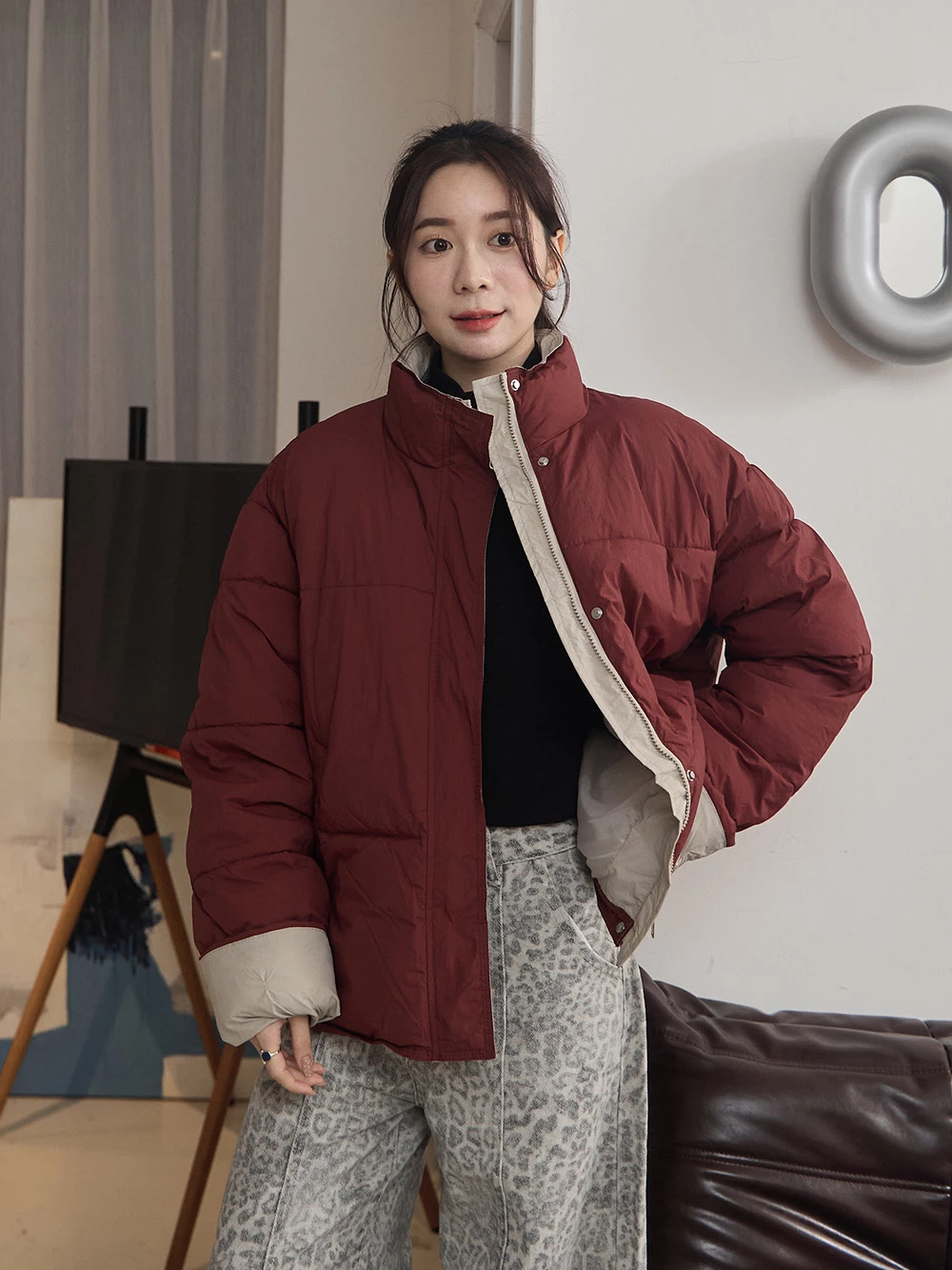 拼色立領防風內鋪棉外套