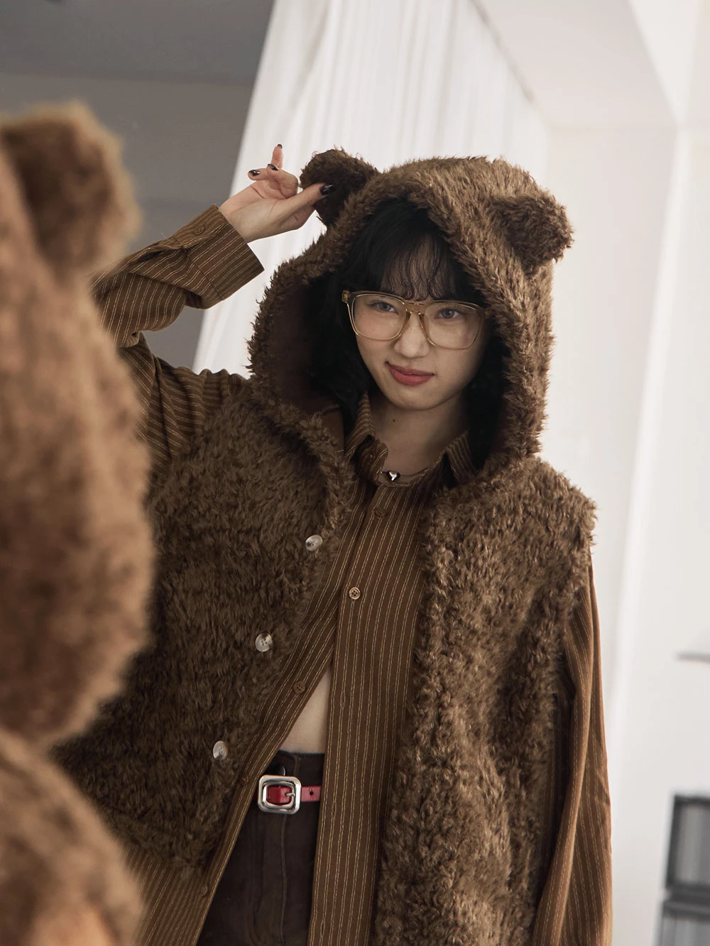 小熊連帽羔羊毛背心外套