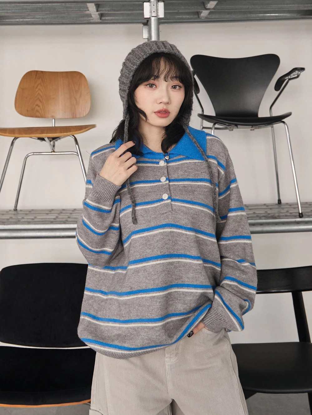 撞色翻領條紋針織上衣