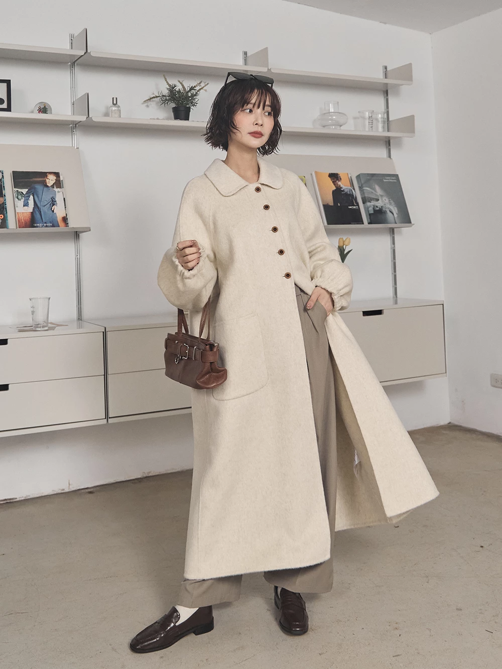 娃娃領澎袖羊絨大衣外套