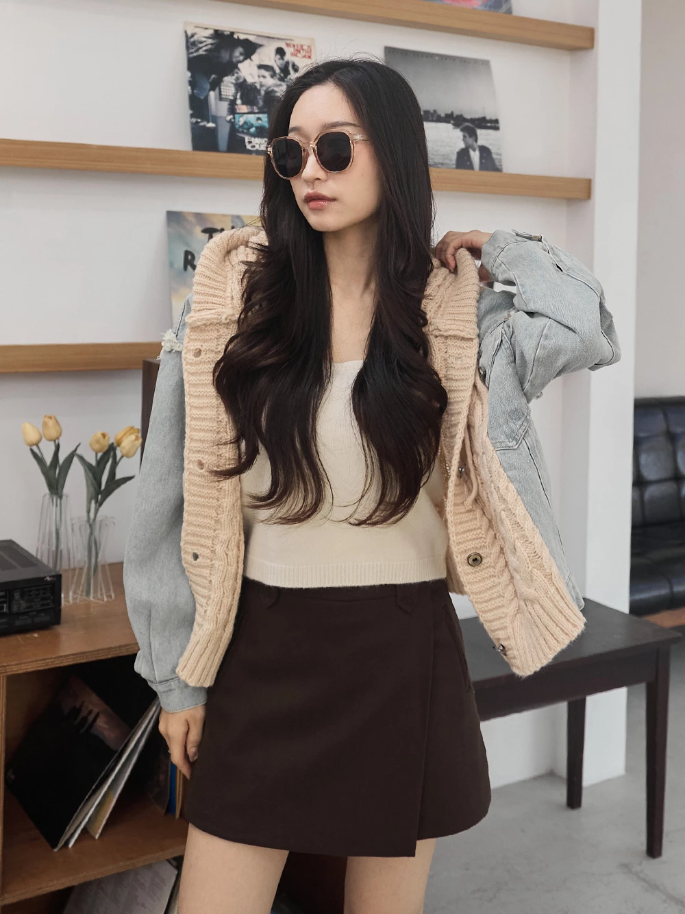 牛仔拼接針織連帽外套