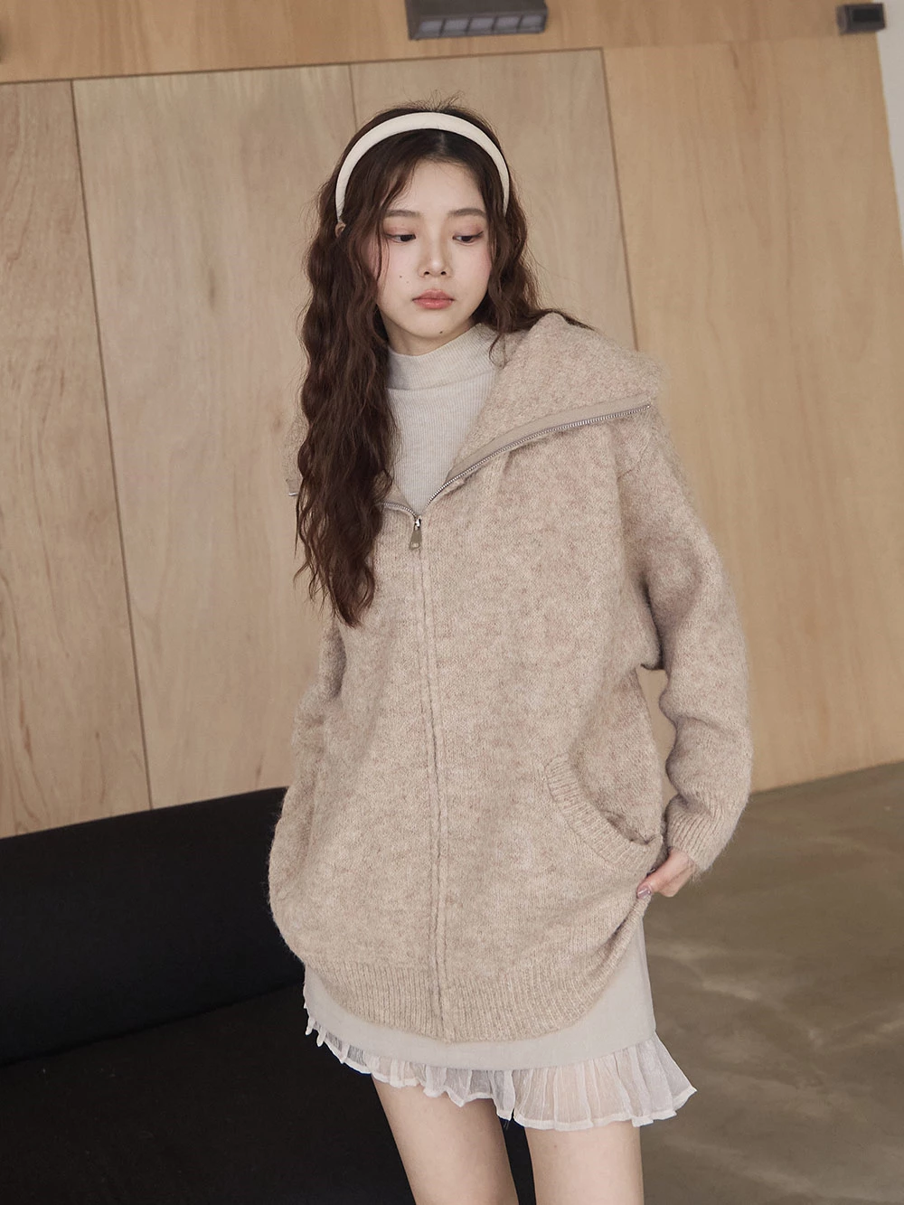 雙口袋翻領連帽針織外套