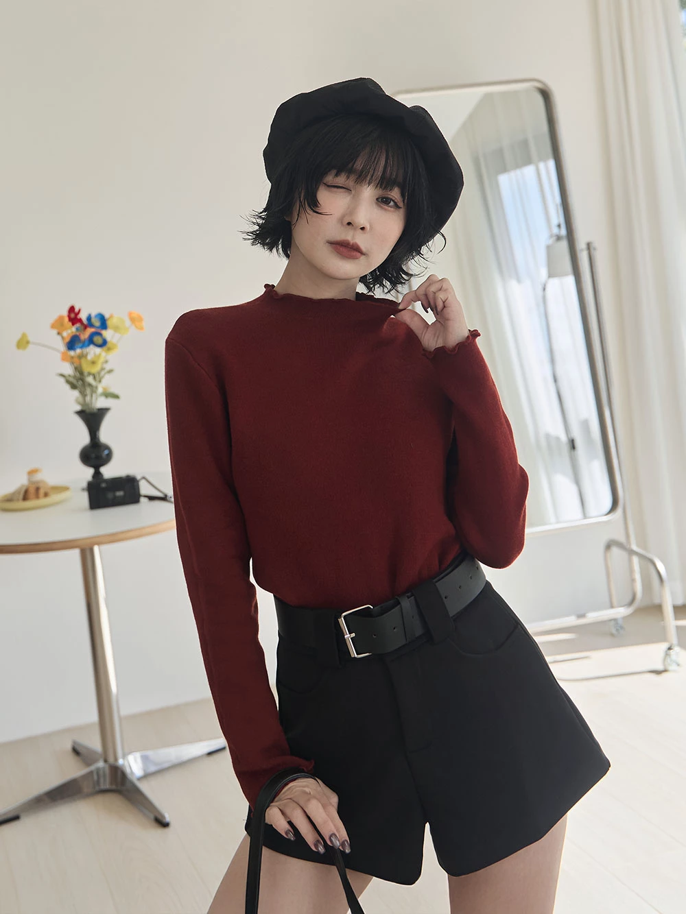 發熱感內刷絨捲邊立領上衣