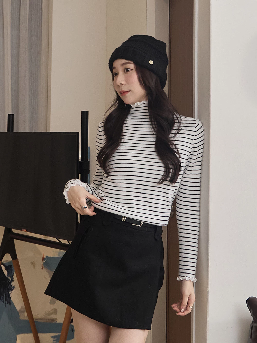 發熱感內刷毛條紋高領上衣