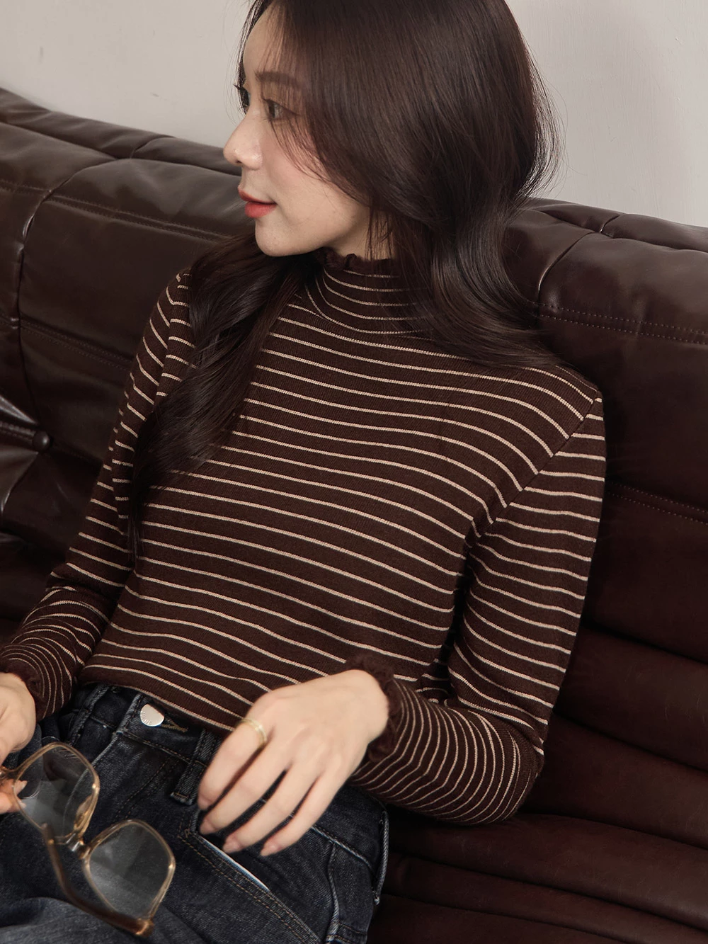 發熱感內刷毛條紋高領上衣