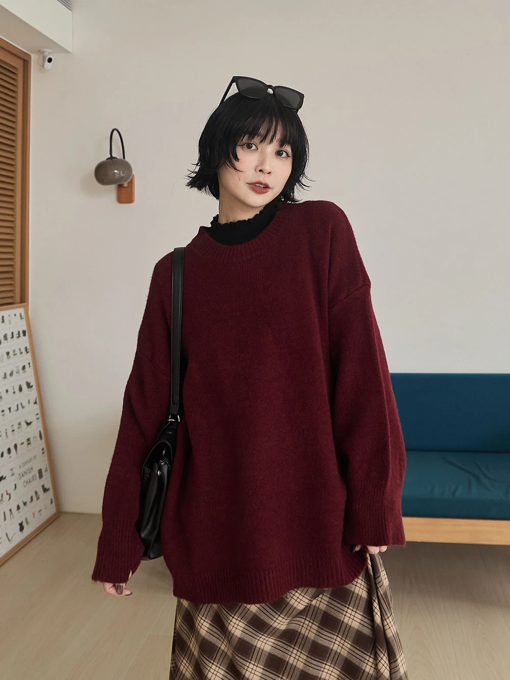 寬鬆磨毛圓領針織上衣