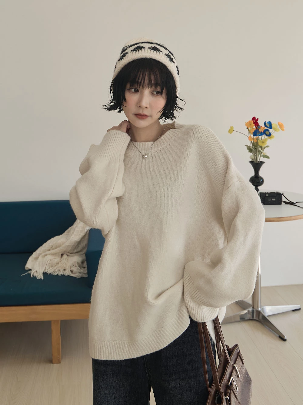 寬鬆磨毛圓領針織上衣