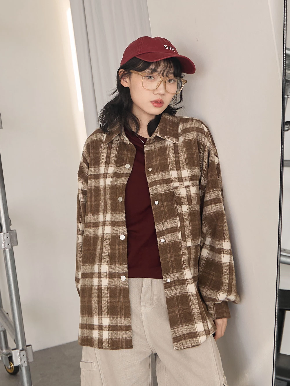 拼色格紋毛呢襯衫