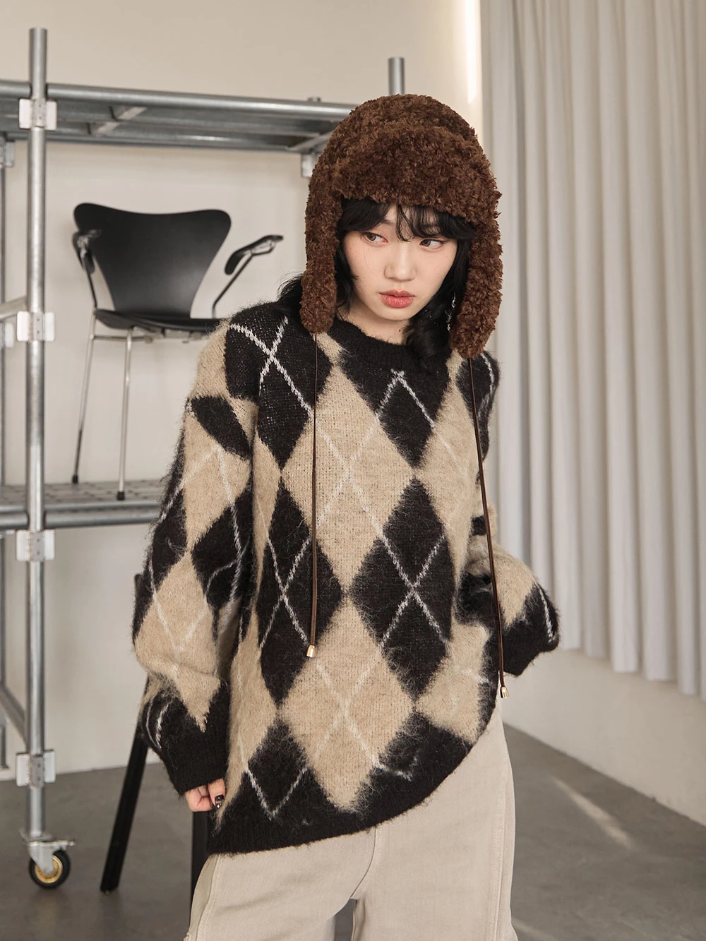 拼色菱格磨毛針織上衣