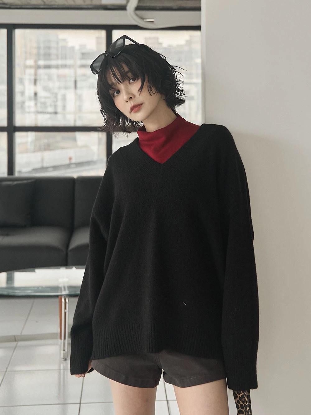 磨毛感V領針織上衣