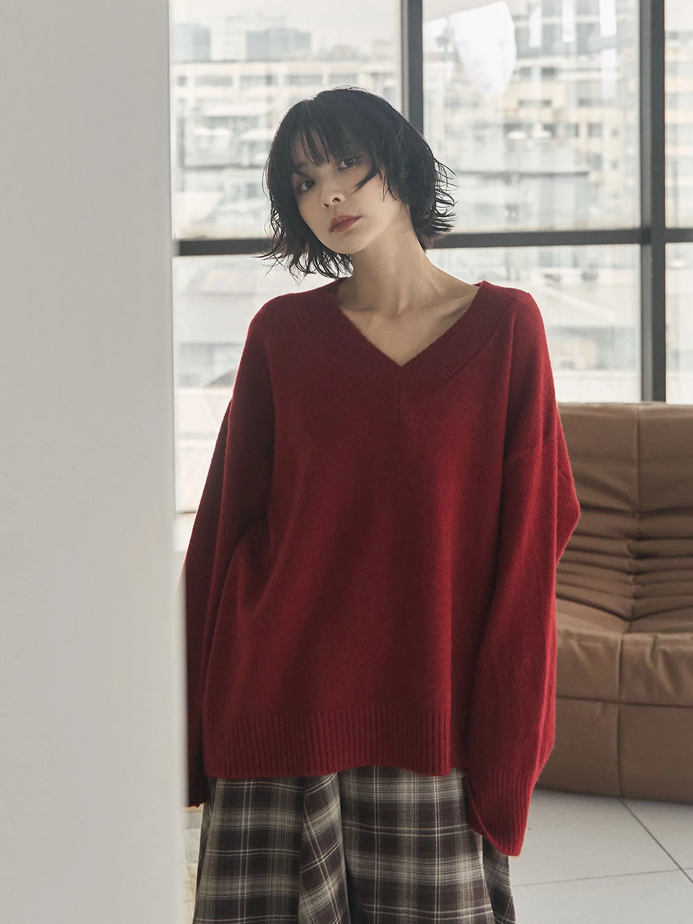 磨毛感V領針織上衣