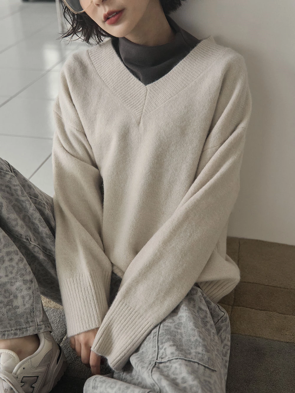 磨毛感V領針織上衣