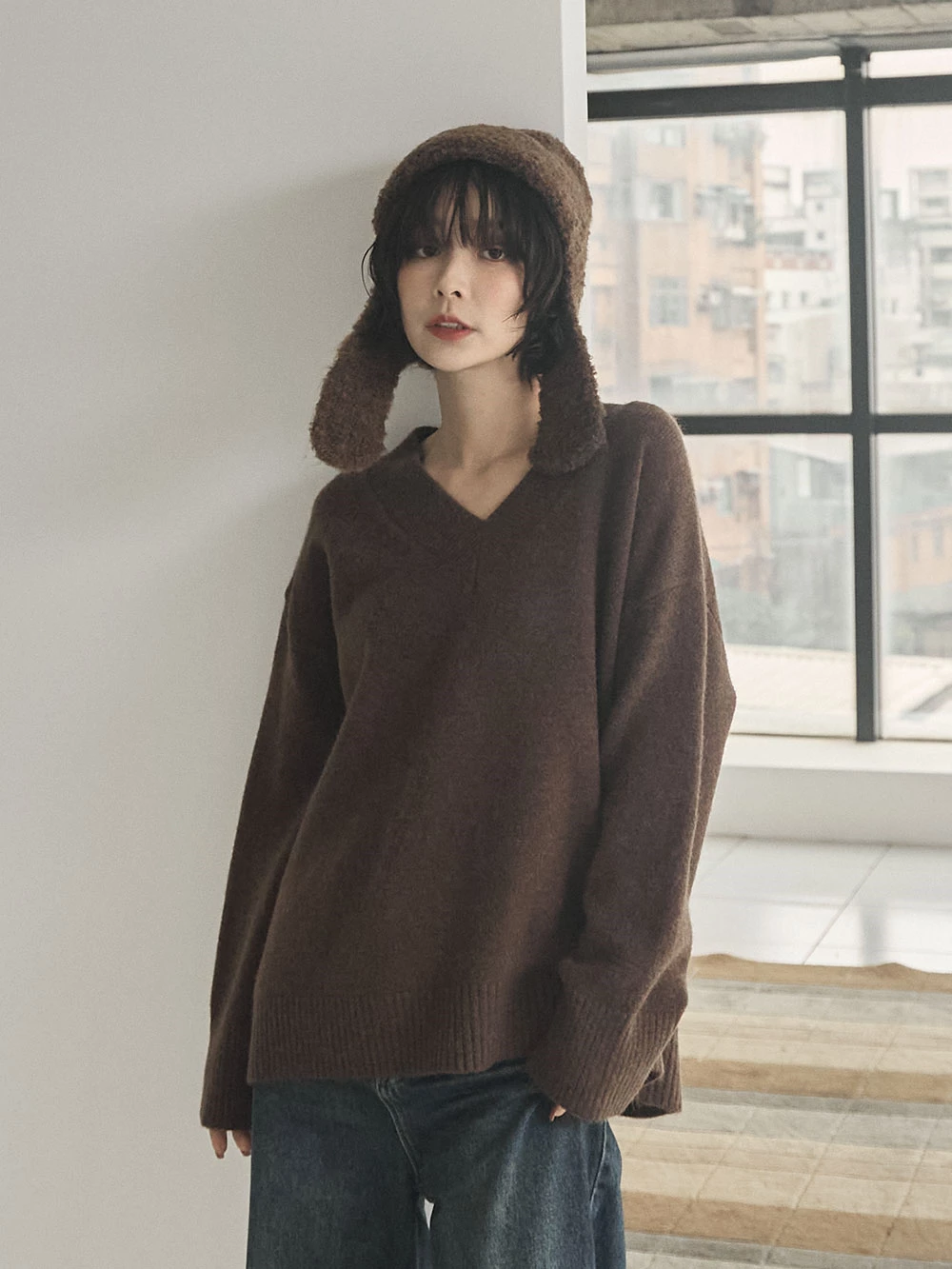 磨毛感V領針織上衣