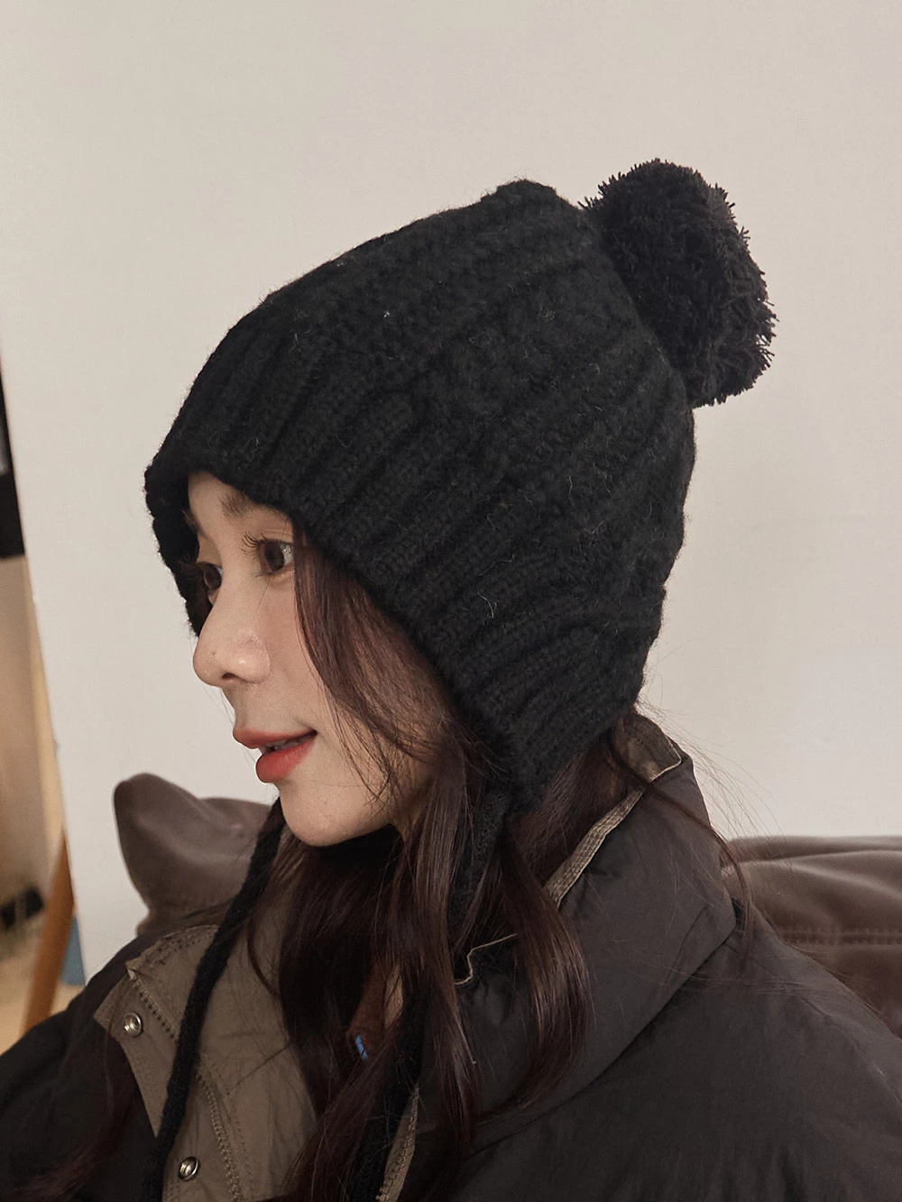 毛球針織後開毛帽