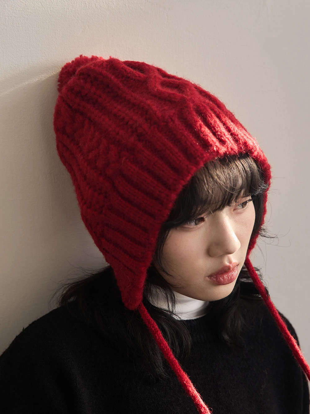 毛球針織後開毛帽