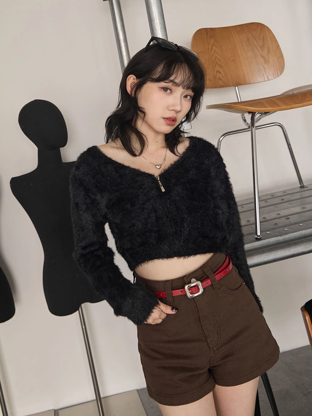 V領拉鍊水貂毛上衣