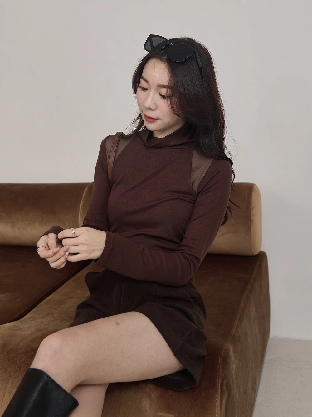 拼接網紗高領上衣