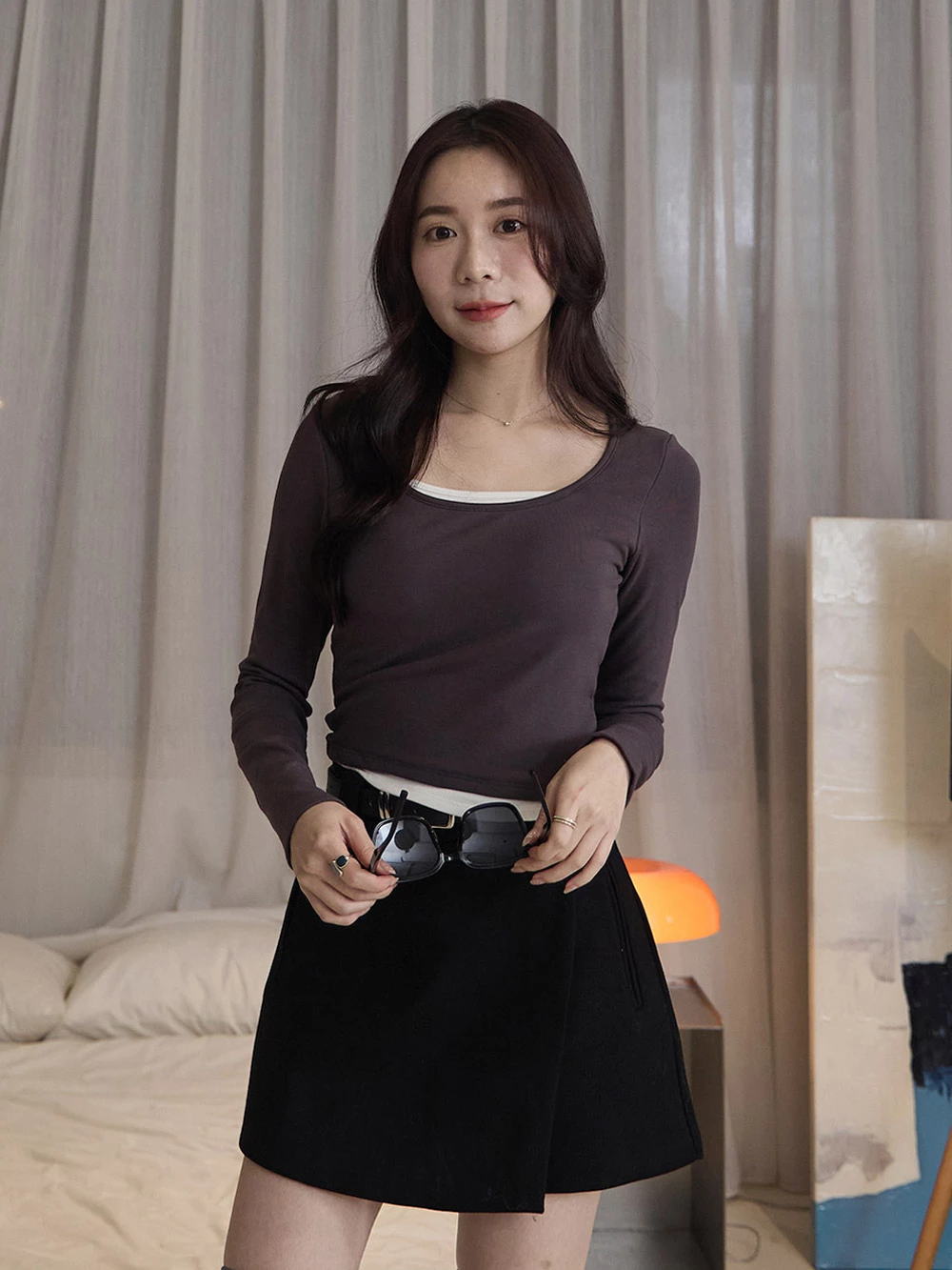 內磨毛假兩件胸墊上衣