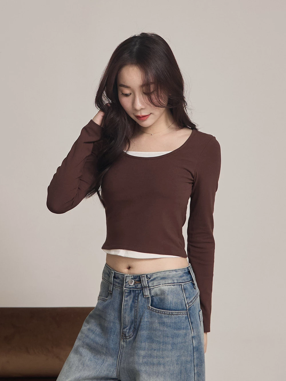 內磨毛假兩件胸墊上衣