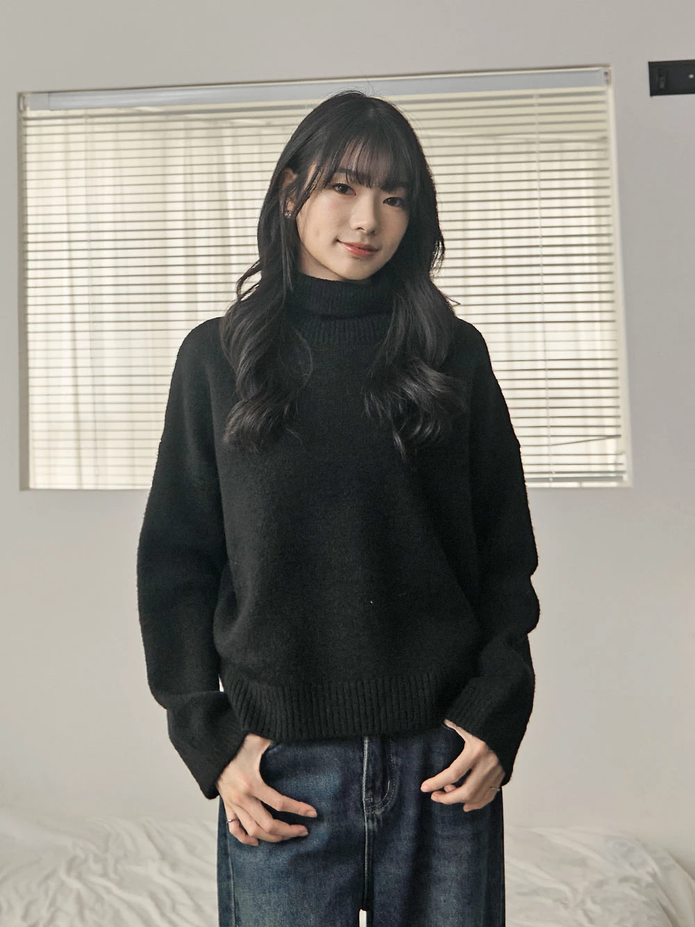 側開岔高領針織上衣