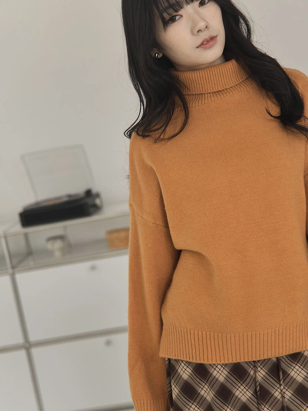 側開岔高領針織上衣