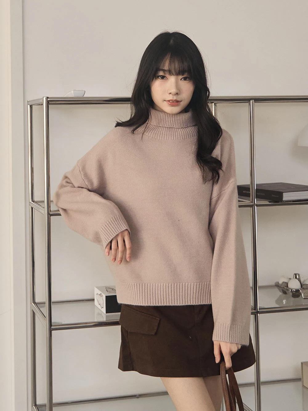 側開岔高領針織上衣