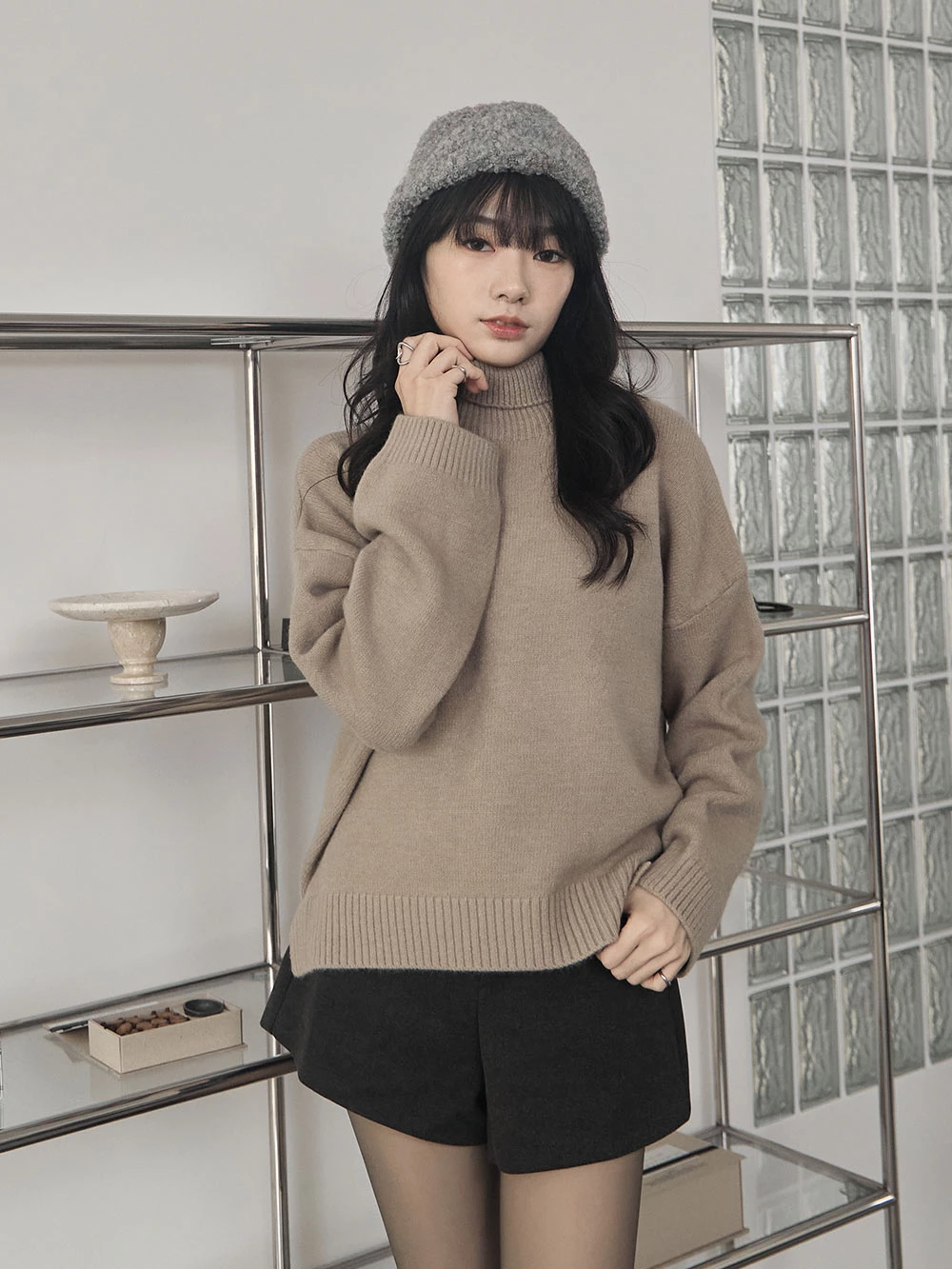 側開岔高領針織上衣