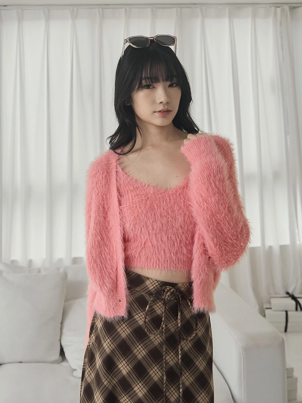 兩件式-水貂毛針織背心+珍珠釦外套