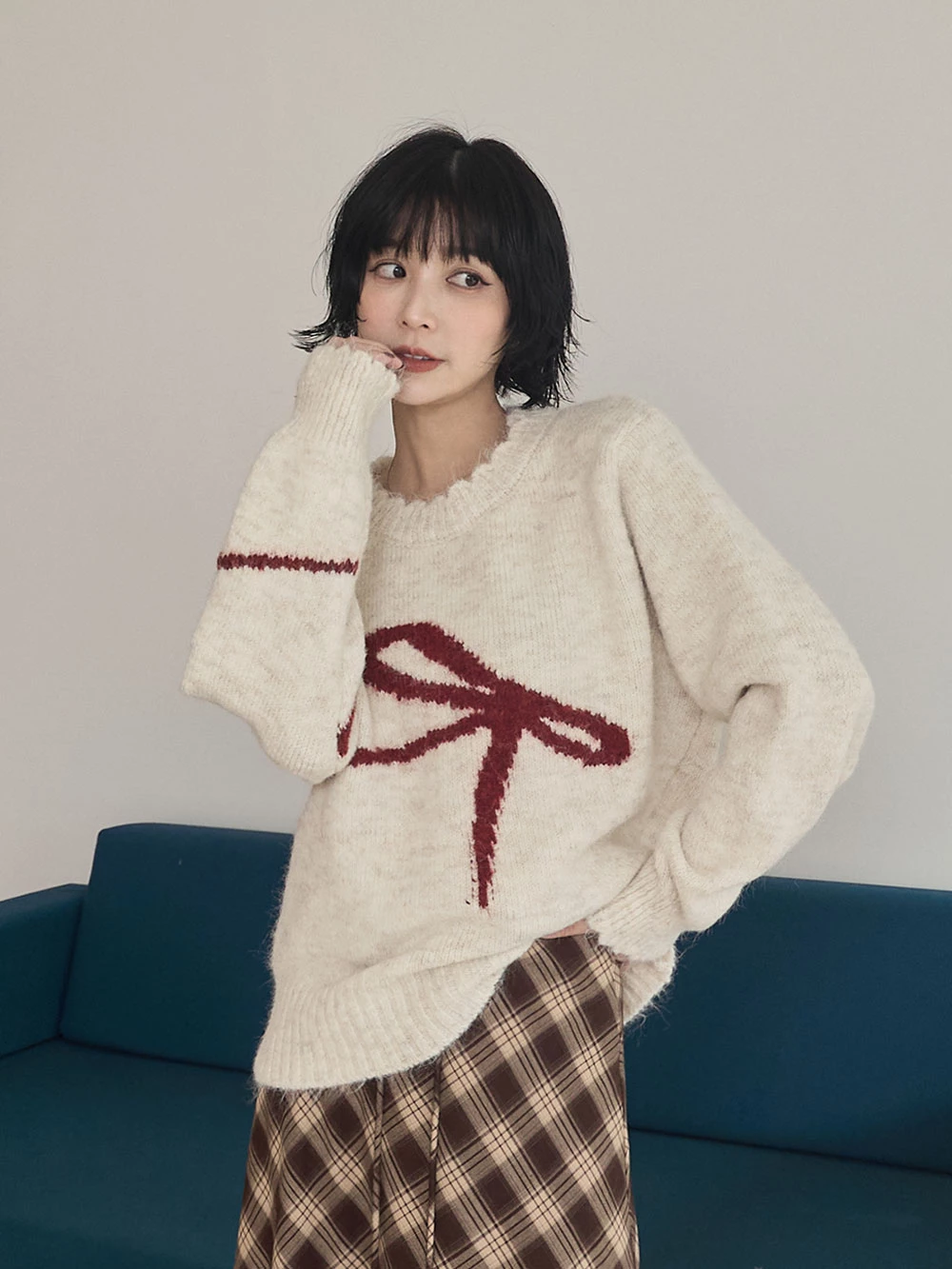 蝴蝶結印圖針織上衣