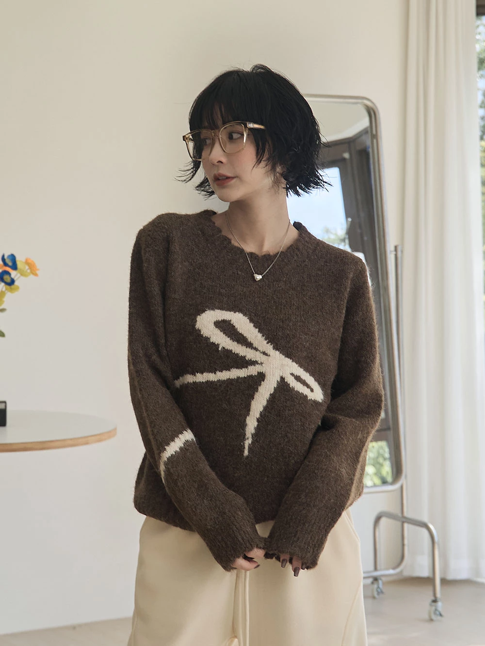 蝴蝶結印圖針織上衣