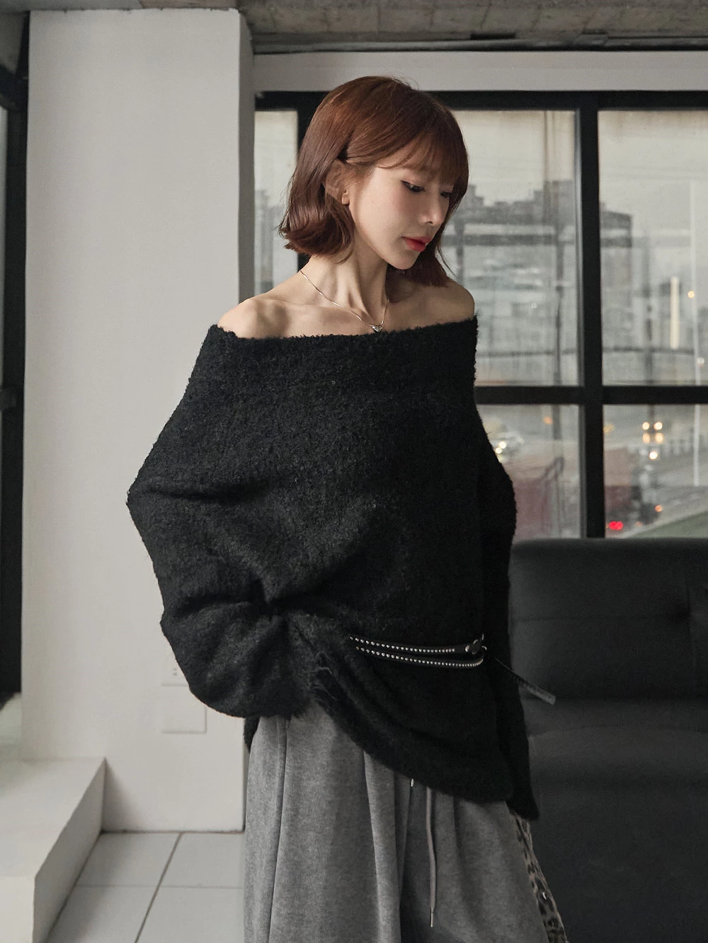 一字領混色磨毛針織上衣