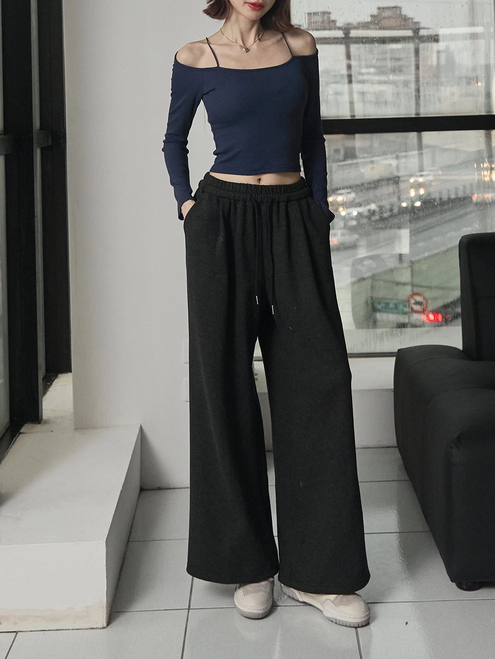 腰鬆緊抽繩羊絨感寬褲
