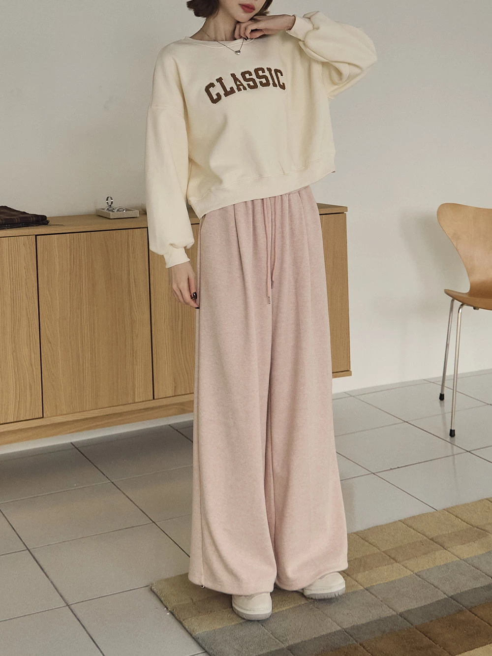 腰鬆緊抽繩羊絨感寬褲