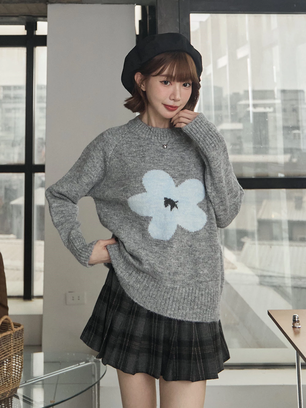 撞色小花針織上衣