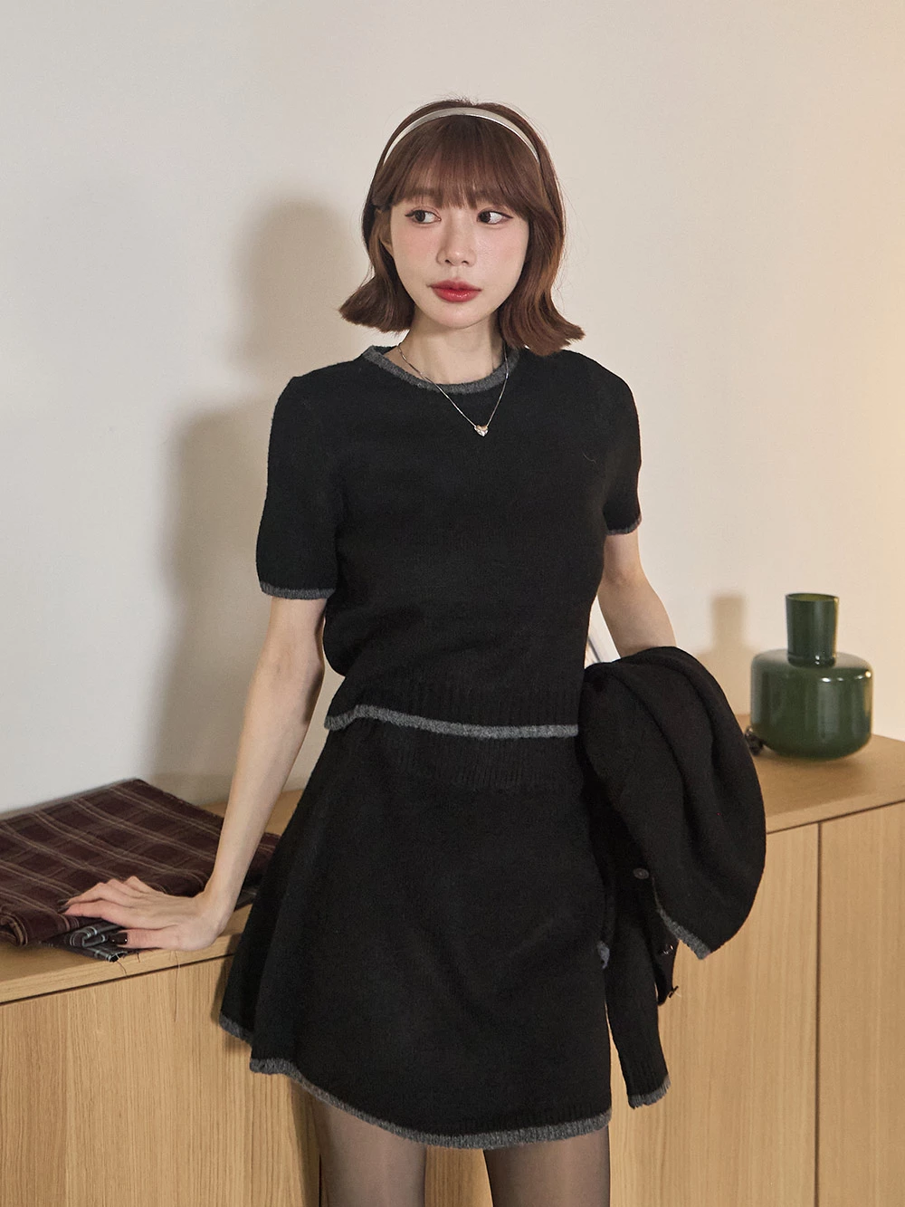 三件式-撞色針織短裙套裝