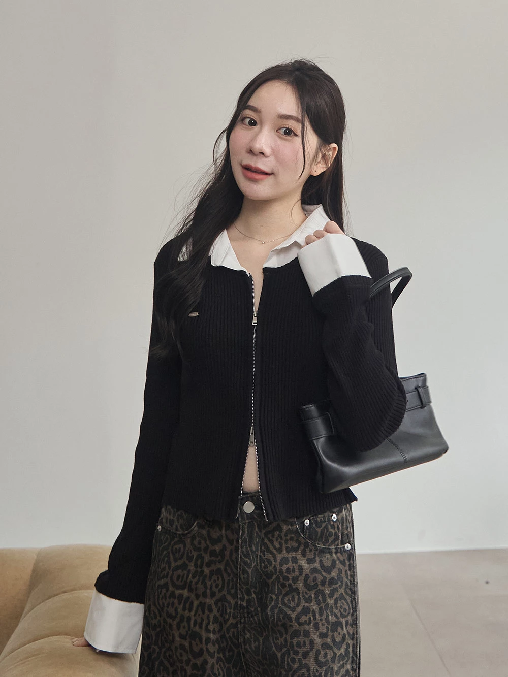 拼接襯衫假兩件針織上衣