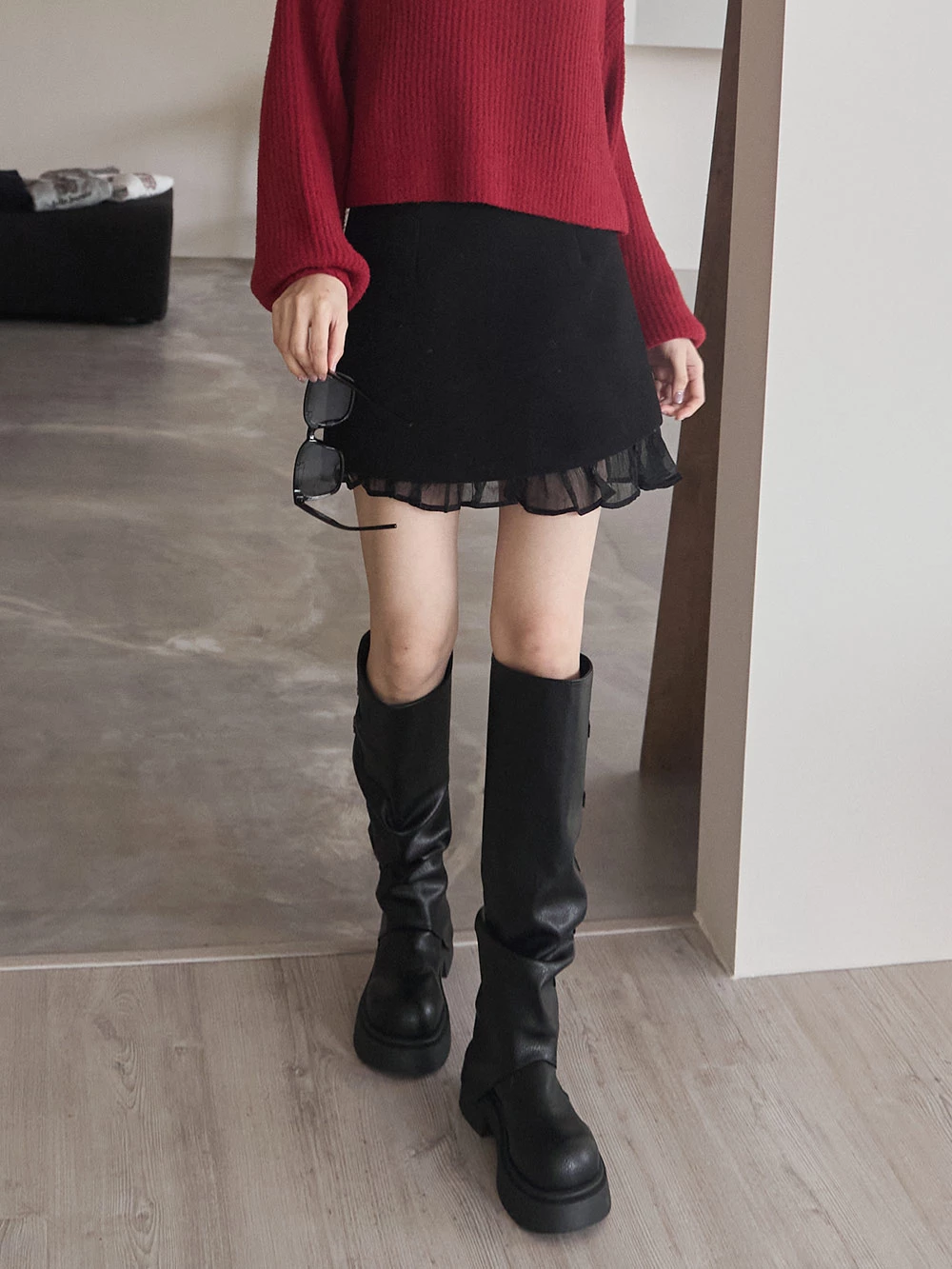 蕾絲拼接毛呢短裙