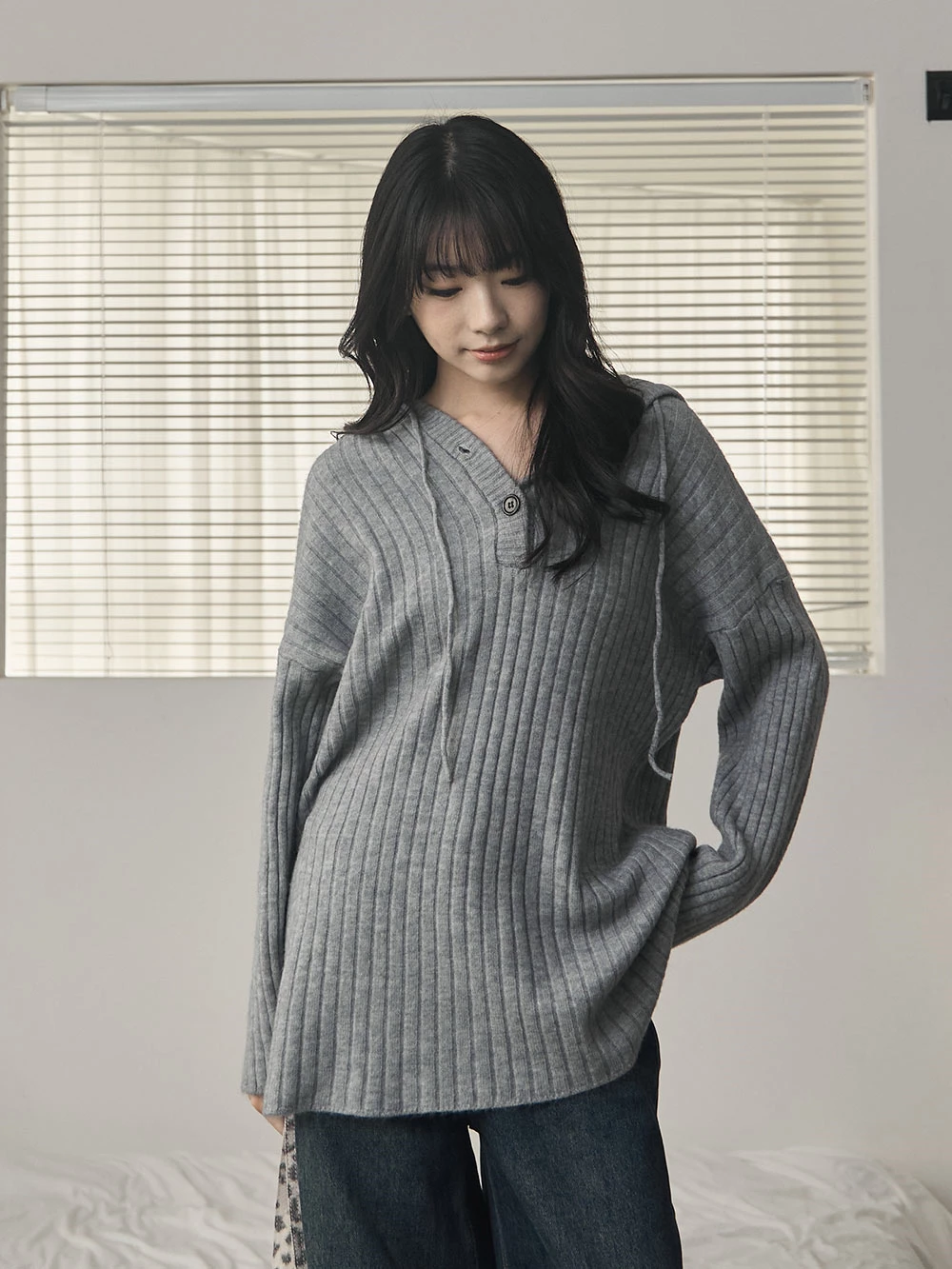 坑條針織連帽上衣