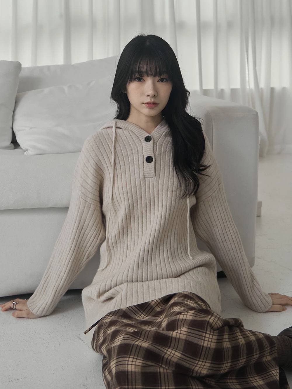 坑條針織連帽上衣