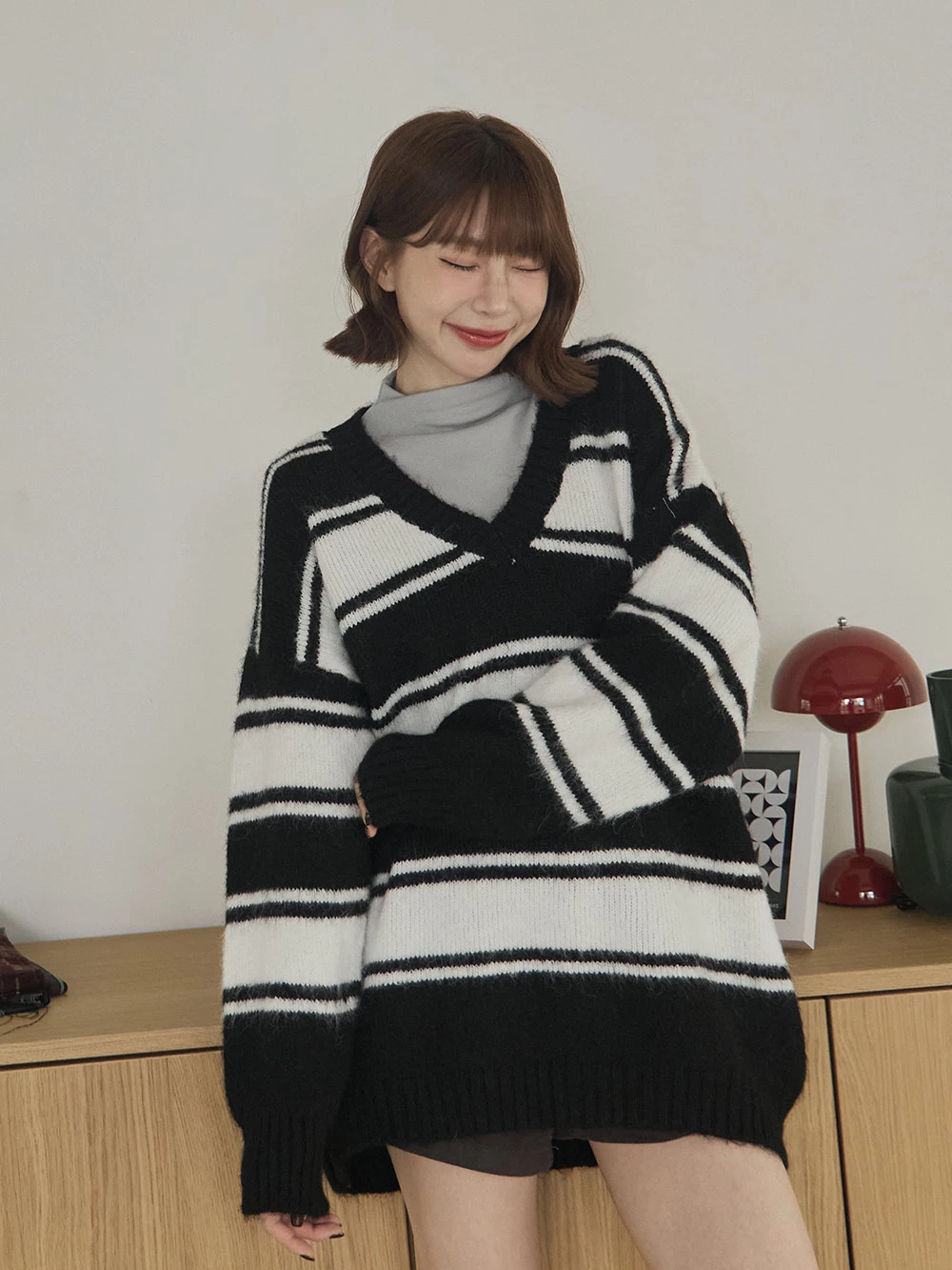 拼色條紋V領針織上衣