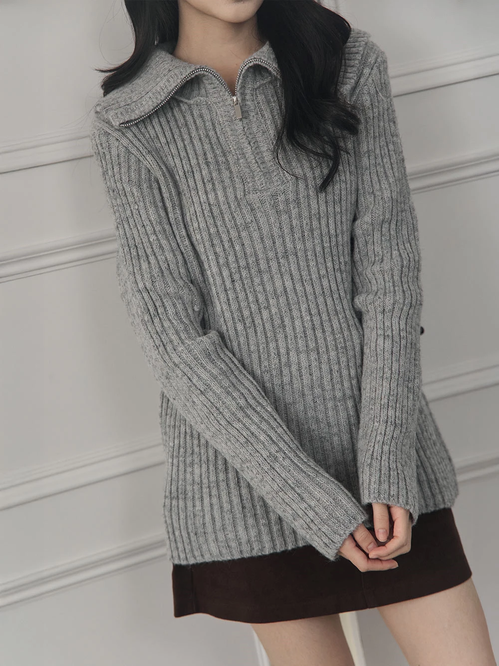 半拉鍊翻領針織上衣
