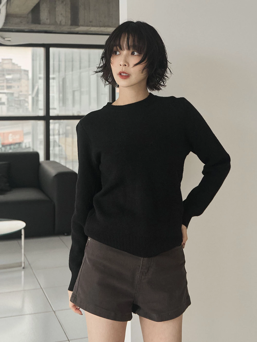 羅紋圓領內刷毛針織上衣