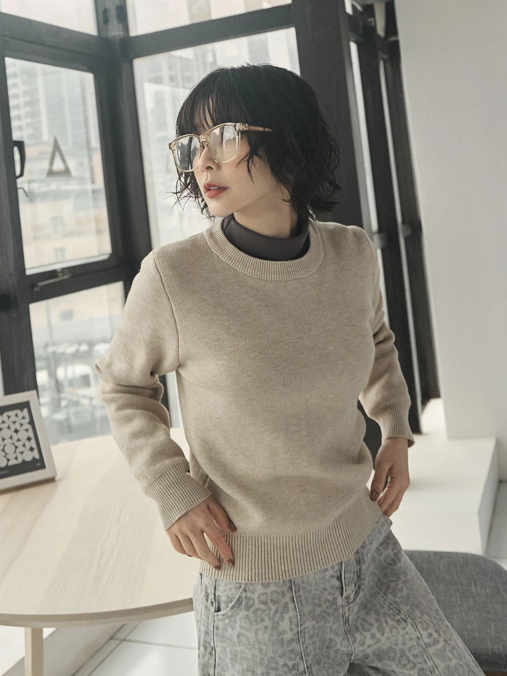 羅紋圓領內刷毛針織上衣