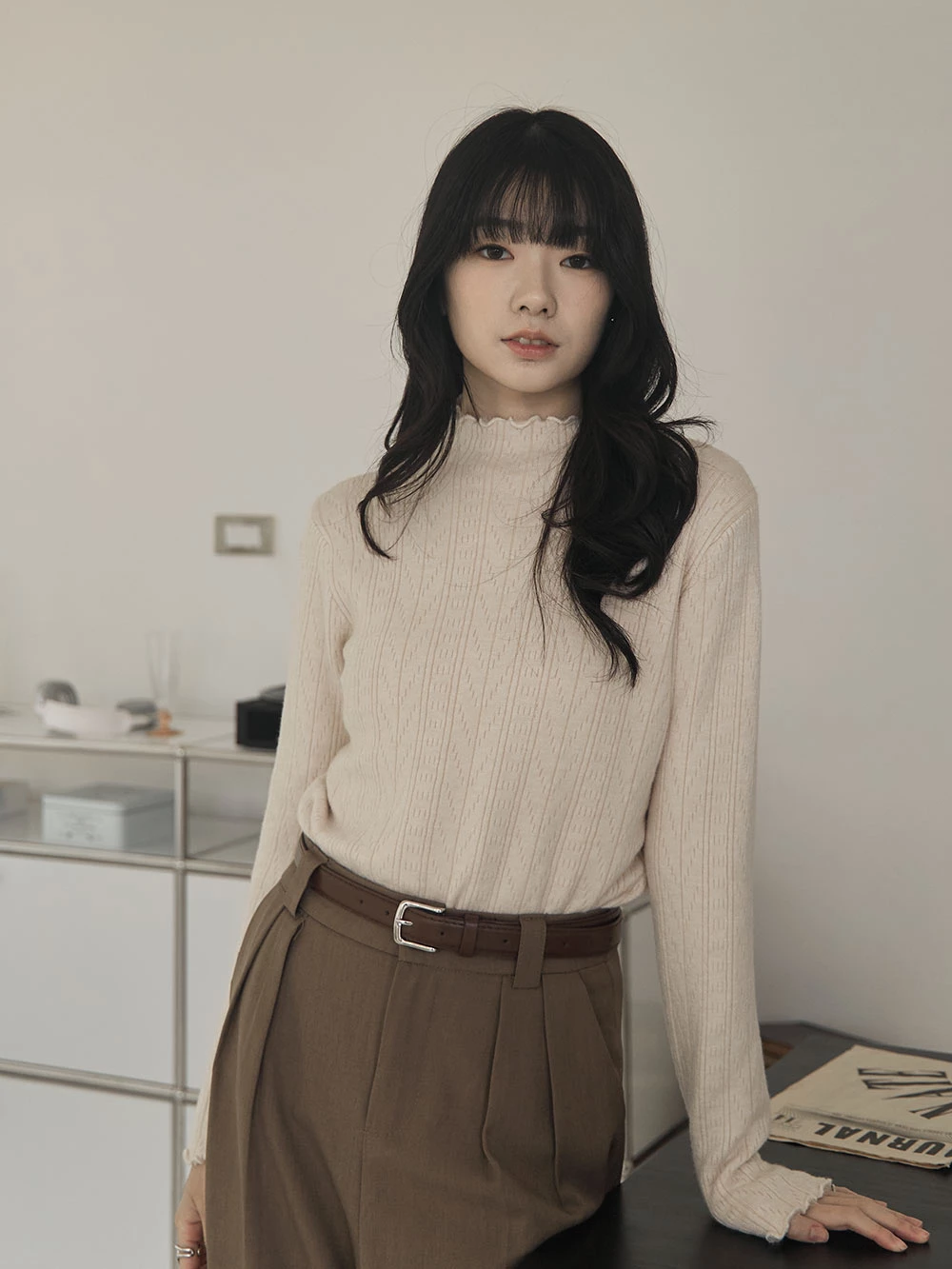 發熱感內刷毛壓紋針織高領上衣