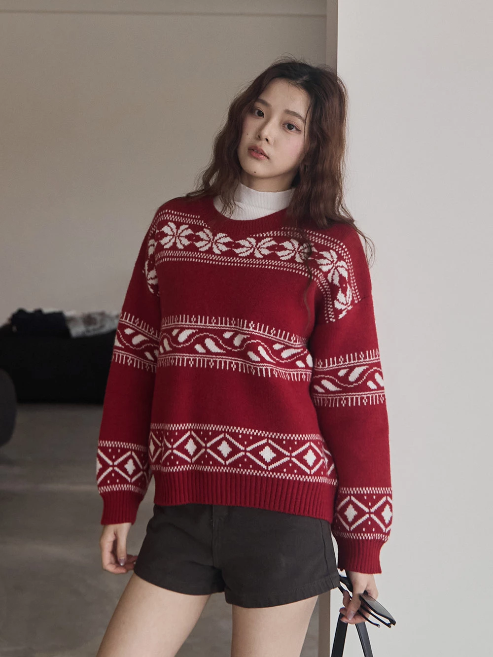 撞色圖騰針織圓領上衣