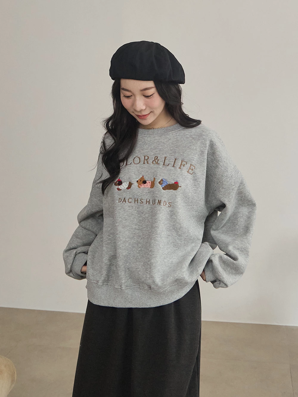 跑步狗狗繡圖刷絨大學T