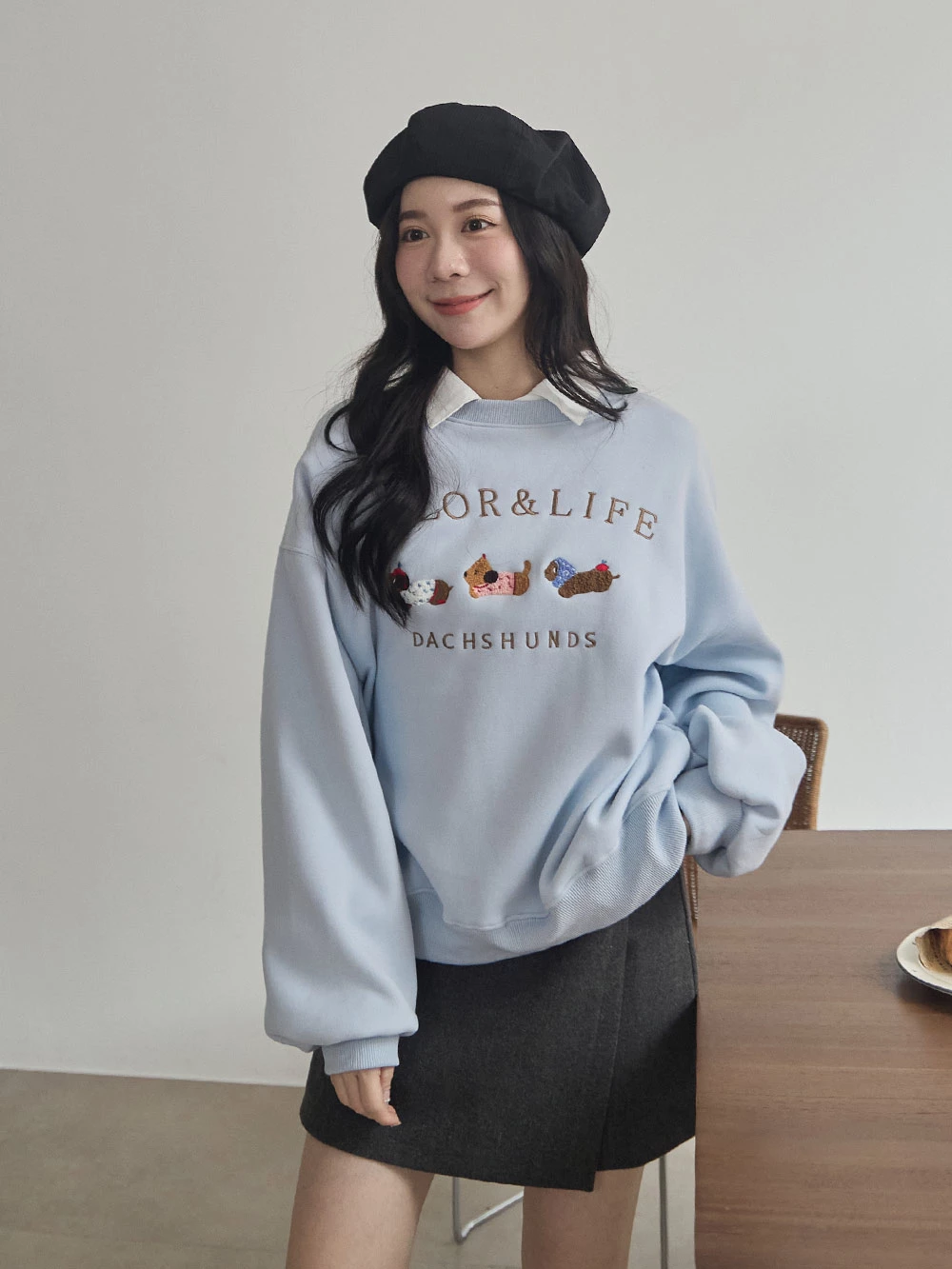 跑步狗狗繡圖刷絨大學T