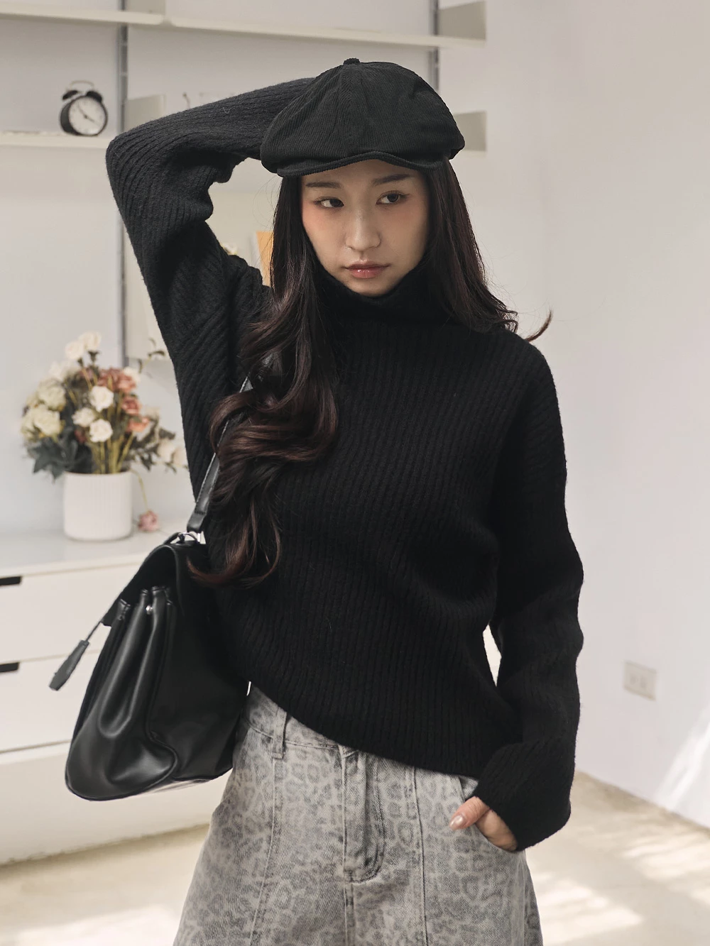 高領坑條磨毛針織上衣